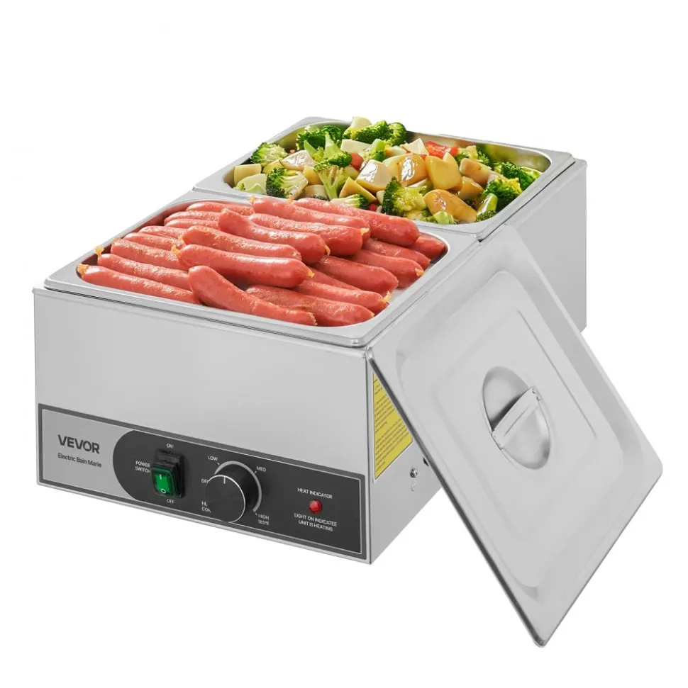 VEVOR Commercial Food Warmer, 1200W Electric Stainless Steel Steam Food Warmer, Fast Heating Countertop Buffet Bain Marie with Two 1/2 Size Food Pans, for Catering, Restaurants, Parties & Buffets
