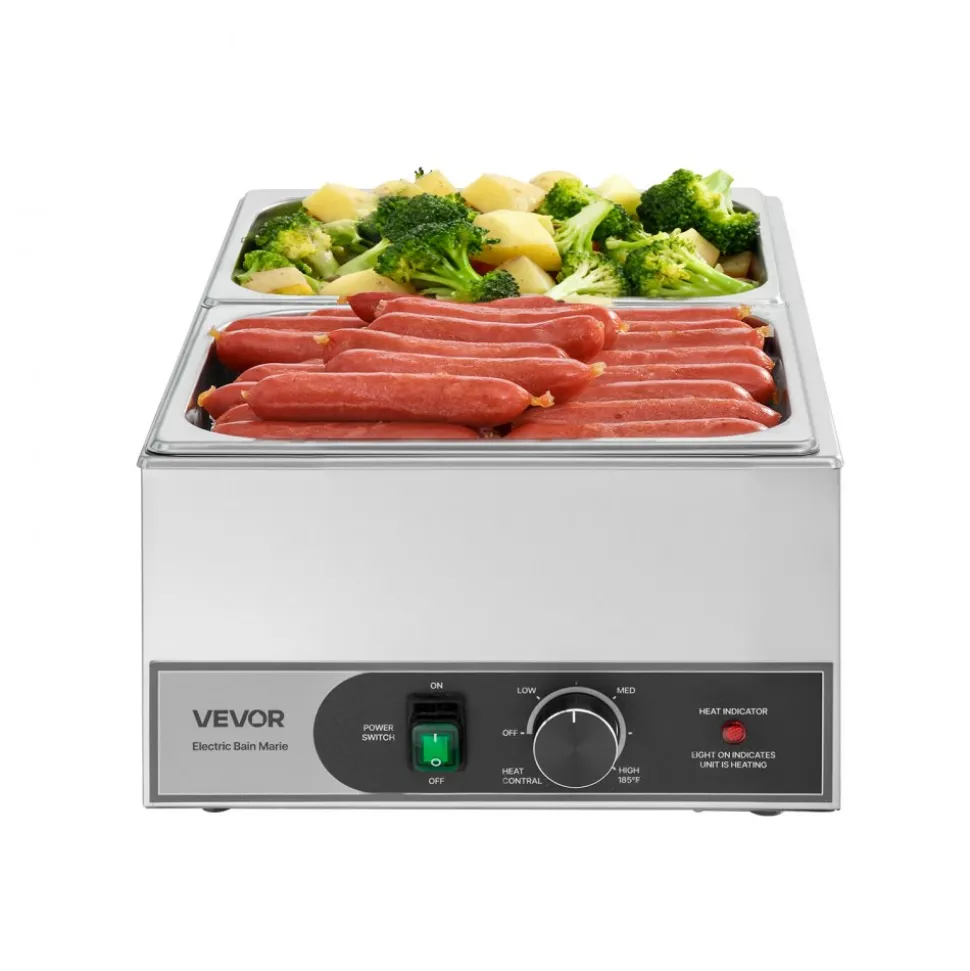 VEVOR Commercial Food Warmer, 1200W Electric Stainless Steel Steam Food Warmer, Fast Heating Countertop Buffet Bain Marie with Two 1/2 Size Food Pans, for Catering, Restaurants, Parties & Buffets