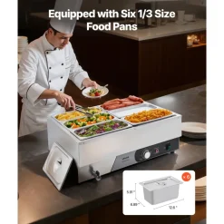 VEVOR Commercial Food Warmer, 1200W Electric Stainless Steel Steam Food Warmer, Fast Heating Countertop Buffet Bain Marie with Three 1/3 Size Food Pans, for Catering, Restaurants, Parties & Buffets