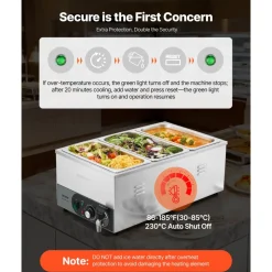 VEVOR Commercial Food Warmer, 1200W Electric Stainless Steel Steam Food Warmer, Fast Heating Countertop Buffet Bain Marie with Detachable Power Cord, for Catering, Restaurants, Parties & Buffets