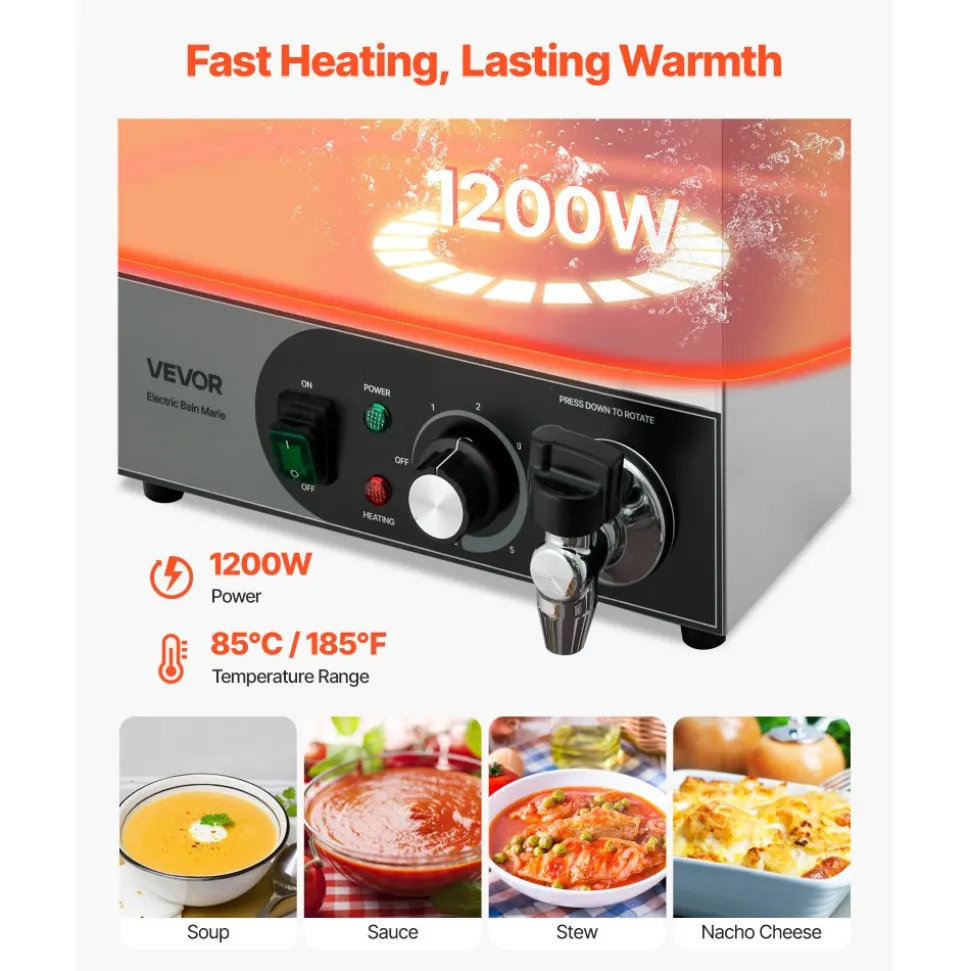 VEVOR Commercial Food Warmer, 1200W Electric Stainless Steel Steam Food Warmer, Fast Heating Countertop Buffet Bain Marie with Detachable Power Cord, for Catering, Restaurants, Parties & Buffets