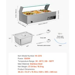 VEVOR Commercial Food Warmer 19QT Bain Marie 1200W Electric Buffet Warmer Steam Table Food Warmer Countertop Stainless Steel Food Warmer Wet or Dry Use for Parties, Catering and Restaurant