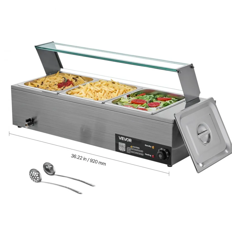 VEVOR Commercial Food Warmer, 1500W Electric Stainless Steel Steam Food Warmer with Glass Cover, 3-Pan Countertop Buffet Bain Marie with Soup & Perforated Ladles, for Catering, Restaurant & Party