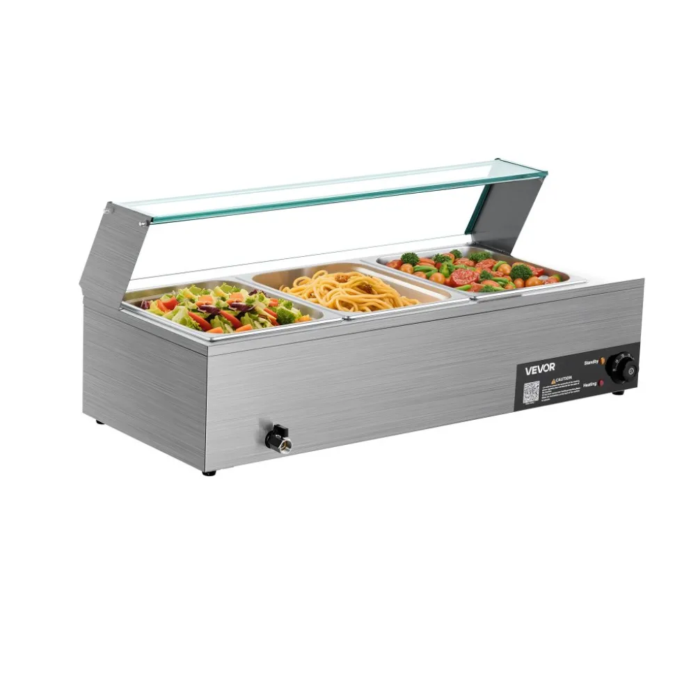 VEVOR Commercial Food Warmer, 1500W Electric Stainless Steel Steam Food Warmer with Glass Cover, 3-Pan Countertop Buffet Bain Marie with Soup & Perforated Ladles, for Catering, Restaurant & Party