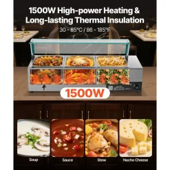 VEVOR Commercial Food Warmer, 1500W Electric Stainless Steel Steam Food Warmer with Glass Cover, 3-Pan Countertop Buffet Bain Marie with Soup & Perforated Ladles, for Catering, Restaurant & Party