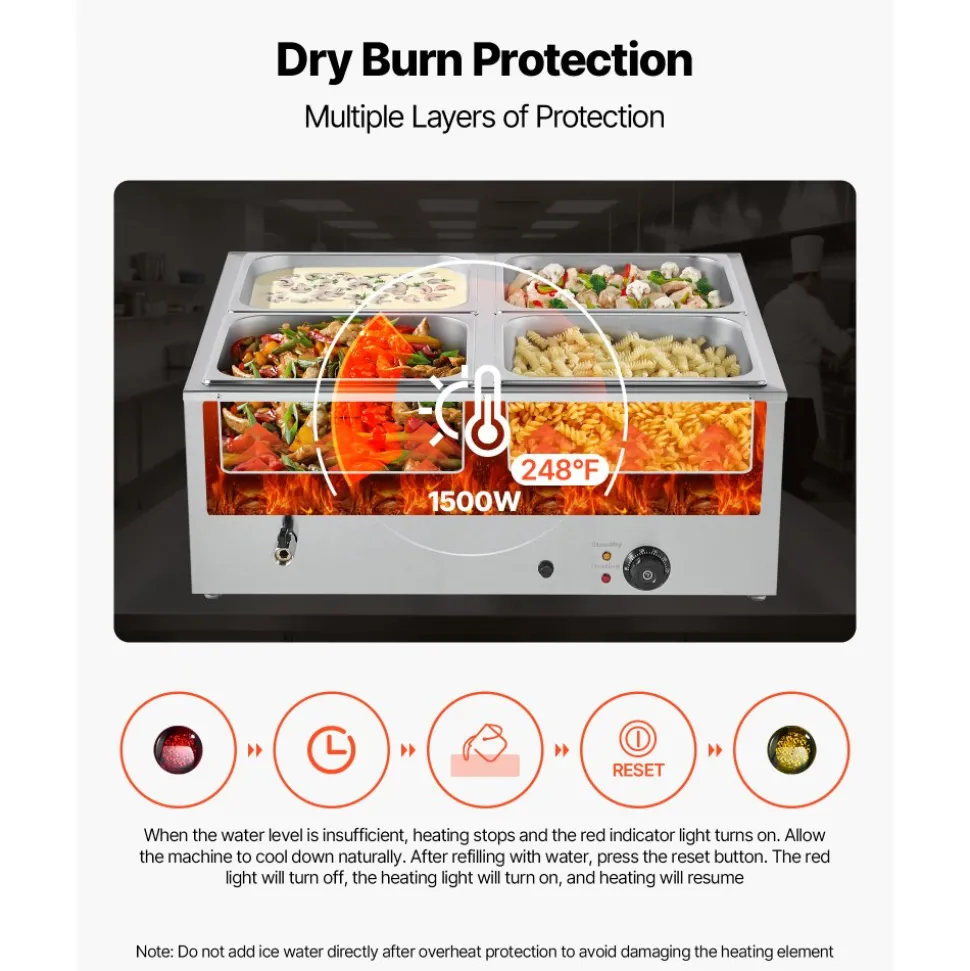 VEVOR Commercial Food Warmer, 1500W Electric Stainless Steel Steam Food Warmer with Lid, 4-Pan Fast Heating Countertop Buffet Bain Marie with Soup & Perforated Ladles, for Catering, Restaurant, Party