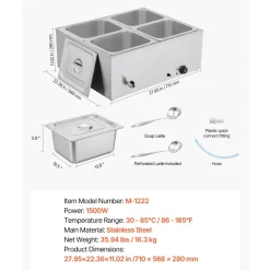 VEVOR Commercial Food Warmer, 1500W Electric Stainless Steel Steam Food Warmer with Lid, 4-Pan Fast Heating Countertop Buffet Bain Marie with Soup & Perforated Ladles, for Catering, Restaurant, Party