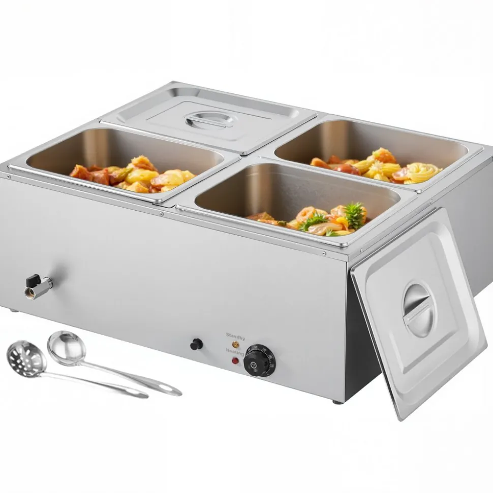 VEVOR Commercial Food Warmer, 1500W Electric Stainless Steel Steam Food Warmer with Lid, 4-Pan Fast Heating Countertop Buffet Bain Marie with Soup & Perforated Ladles, for Catering, Restaurant, Party