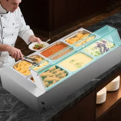 VEVOR Commercial Food Warmer, 1500W Electric Stainless Steel Steam Food Warmer with Glass Cover, 6 x 1/2 Size Pans Buffet Bain Marie with Soup & Perforated Ladles, for Catering, Restaurant & Party