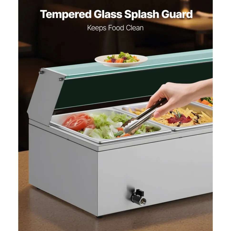 VEVOR Commercial Food Warmer, 1500W Electric Stainless Steel Steam Food Warmer with Glass Cover, 4-Pan Countertop Buffet Bain Marie with Soup & Perforated Ladles, for Catering, Restaurant & Party