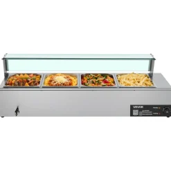 VEVOR Commercial Food Warmer, 1500W Electric Stainless Steel Steam Food Warmer with Glass Cover, 4-Pan Countertop Buffet Bain Marie with Soup & Perforated Ladles, for Catering, Restaurant & Party