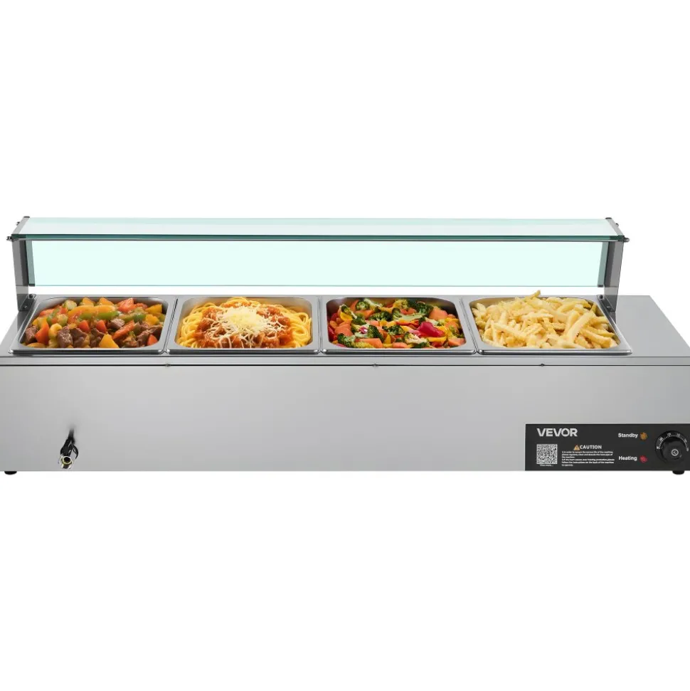 VEVOR Commercial Food Warmer, 1500W Electric Stainless Steel Steam Food Warmer with Glass Cover, 4-Pan Countertop Buffet Bain Marie with Soup & Perforated Ladles, for Catering, Restaurant & Party
