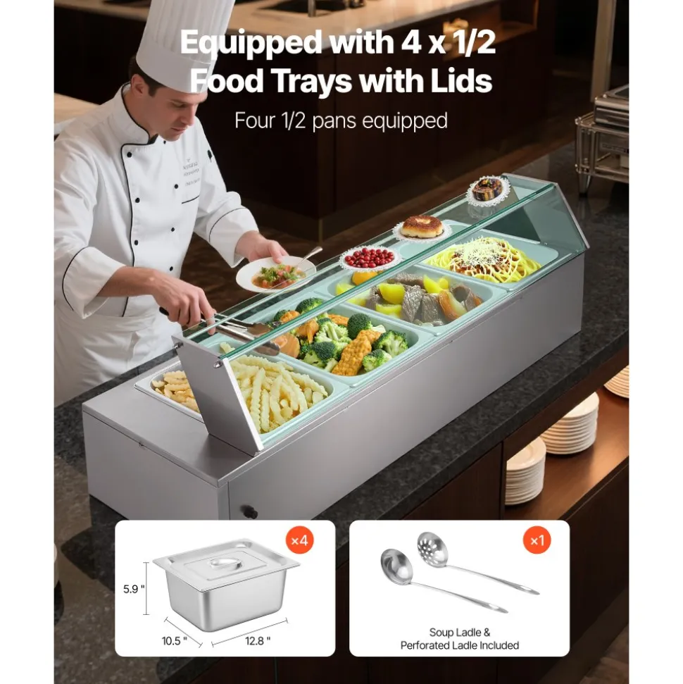 VEVOR Commercial Food Warmer, 1500W Electric Stainless Steel Steam Food Warmer with Glass Cover, 4-Pan Countertop Buffet Bain Marie with Soup & Perforated Ladles, for Catering, Restaurant & Party