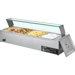 VEVOR Commercial Food Warmer, 1500W Electric Stainless Steel Steam Food Warmer with Glass Cover, 4-Pan Countertop Buffet Bain Marie with Soup & Perforated Ladles, for Catering, Restaurant & Party