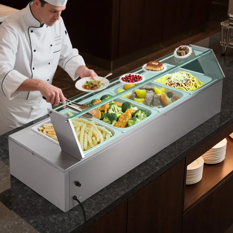 VEVOR Commercial Food Warmer, 1500W Electric Stainless Steel Steam Food Warmer with Glass Cover, 4-Pan Countertop Buffet Bain Marie with Soup & Perforated Ladles, for Catering, Restaurant & Party