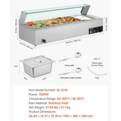 VEVOR Commercial Food Warmer, 1500W Electric Stainless Steel Steam Food Warmer with Glass Cover, 4-Pan Countertop Buffet Bain Marie with Soup & Perforated Ladles, for Catering, Restaurant & Party