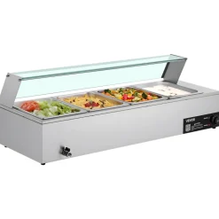VEVOR Commercial Food Warmer, 1500W Electric Stainless Steel Steam Food Warmer with Glass Cover, 4-Pan Countertop Buffet Bain Marie with Soup & Perforated Ladles, for Catering, Restaurant & Party