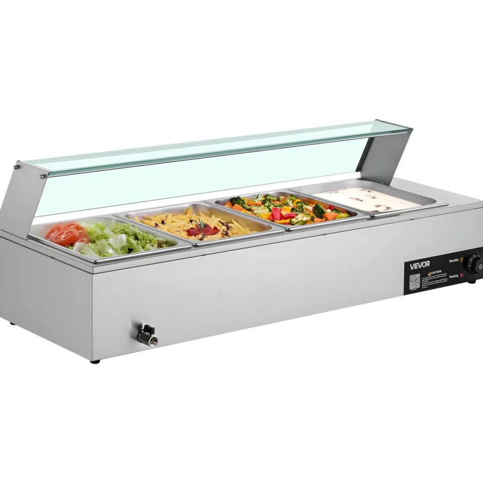 VEVOR Commercial Food Warmer, 1500W Electric Stainless Steel Steam Food Warmer with Glass Cover, 4-Pan Countertop Buffet Bain Marie with Soup & Perforated Ladles, for Catering, Restaurant & Party
