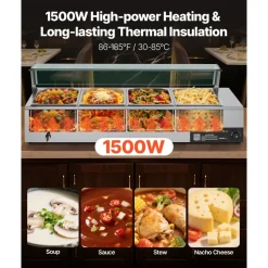 VEVOR Commercial Food Warmer, 1500W Electric Stainless Steel Steam Food Warmer with Glass Cover, 4-Pan Countertop Buffet Bain Marie with Soup & Perforated Ladles, for Catering, Restaurant & Party