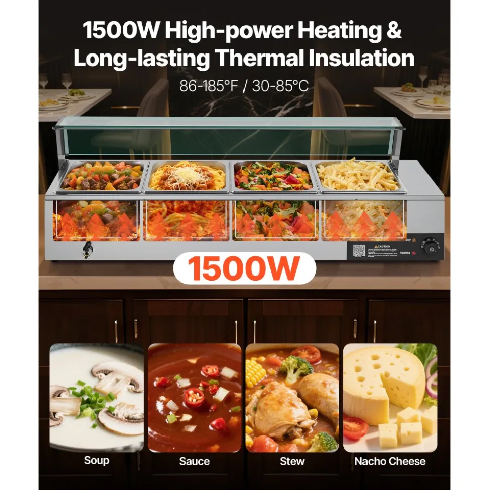 VEVOR Commercial Food Warmer, 1500W Electric Stainless Steel Steam Food Warmer with Glass Cover, 4-Pan Countertop Buffet Bain Marie with Soup & Perforated Ladles, for Catering, Restaurant & Party
