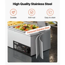 VEVOR Commercial Food Warmer, 1500W Electric Stainless Steel Steam Food Warmer with Glass Cover, 4-Pan Countertop Buffet Bain Marie with Soup & Perforated Ladles, for Catering, Restaurant & Party