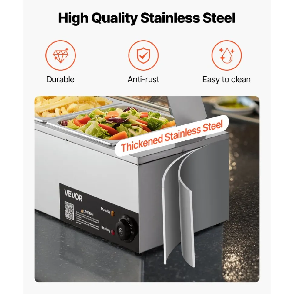 VEVOR Commercial Food Warmer, 1500W Electric Stainless Steel Steam Food Warmer with Glass Cover, 4-Pan Countertop Buffet Bain Marie with Soup & Perforated Ladles, for Catering, Restaurant & Party