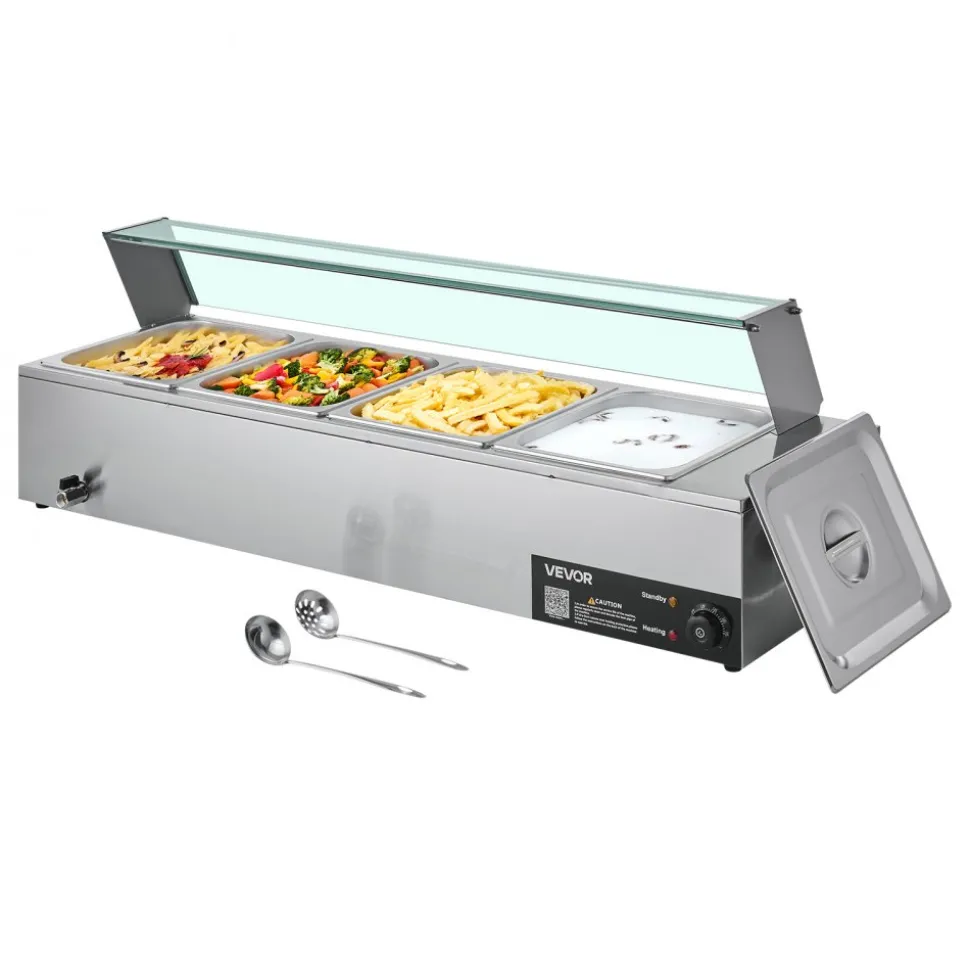VEVOR Commercial Food Warmer, 1500W Electric Stainless Steel Steam Food Warmer with Glass Cover, 4-Pan Countertop Buffet Bain Marie with Soup & Perforated Ladles, for Catering, Restaurant & Party
