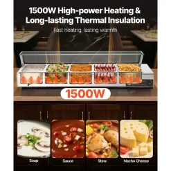 VEVOR Commercial Food Warmer, 1500W Electric Stainless Steel Steam Food Warmer with Glass Cover, Countertop Buffet Bain Marie with Five 1/2 Size Food Pans, for Catering, Restaurant, Party & Buffets