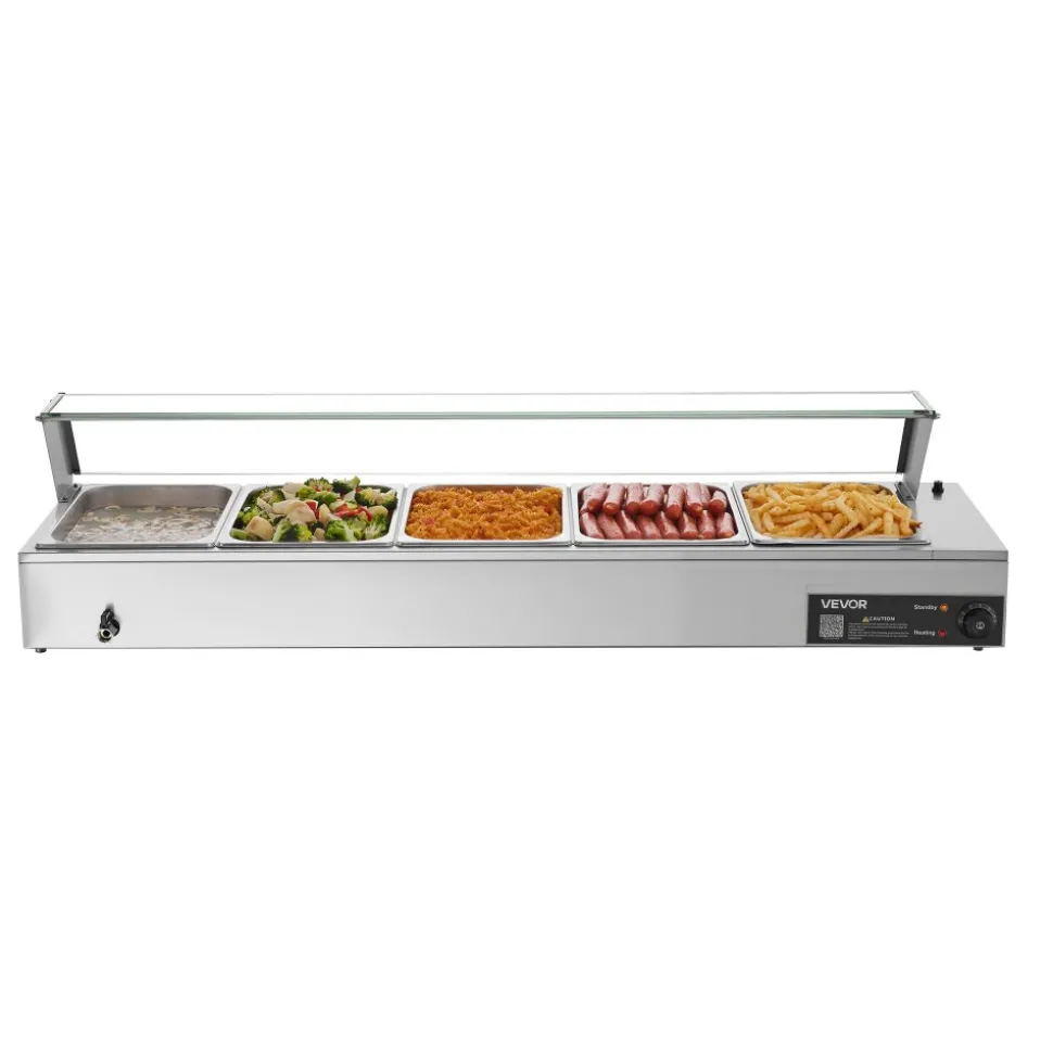VEVOR Commercial Food Warmer, 1500W Electric Stainless Steel Steam Food Warmer with Glass Cover, Countertop Buffet Bain Marie with Five 1/2 Size Food Pans, for Catering, Restaurant, Party & Buffets
