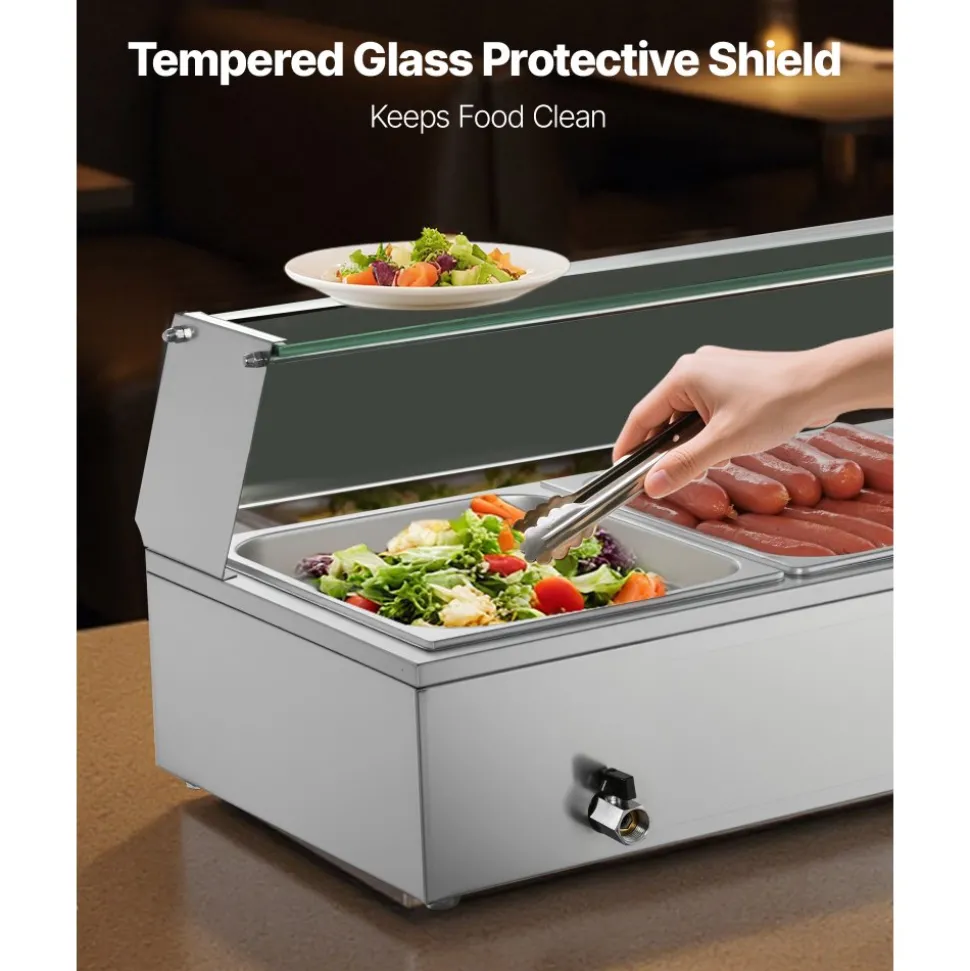 VEVOR Commercial Food Warmer, 1500W Electric Stainless Steel Steam Food Warmer with Glass Cover, Countertop Buffet Bain Marie with Five 1/2 Size Food Pans, for Catering, Restaurant, Party & Buffets