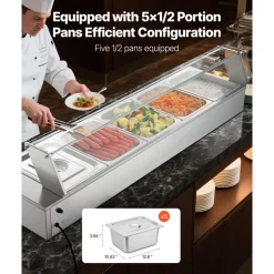 VEVOR Commercial Food Warmer, 1500W Electric Stainless Steel Steam Food Warmer with Glass Cover, Countertop Buffet Bain Marie with Five 1/2 Size Food Pans, for Catering, Restaurant, Party & Buffets