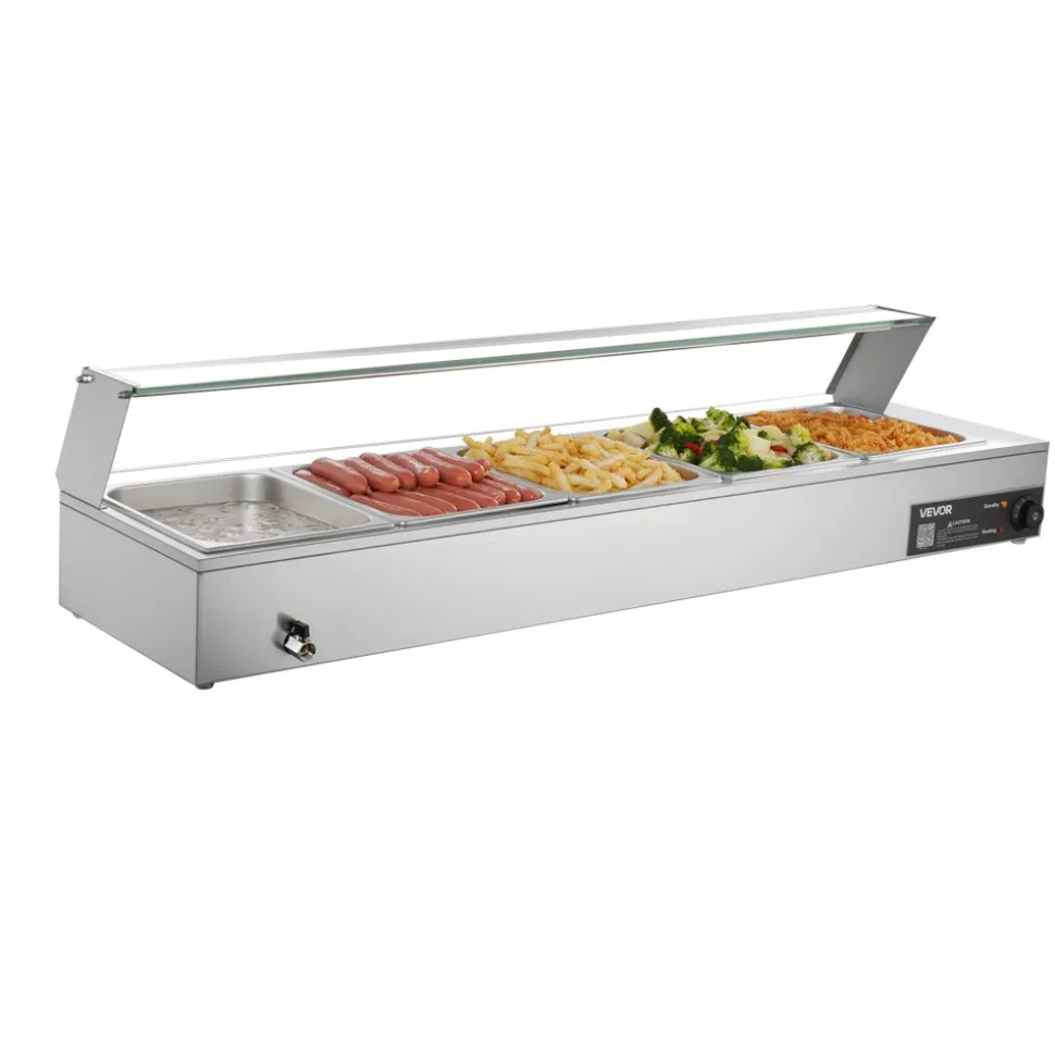 VEVOR Commercial Food Warmer, 1500W Electric Stainless Steel Steam Food Warmer with Glass Cover, Countertop Buffet Bain Marie with Five 1/2 Size Food Pans, for Catering, Restaurant, Party & Buffets