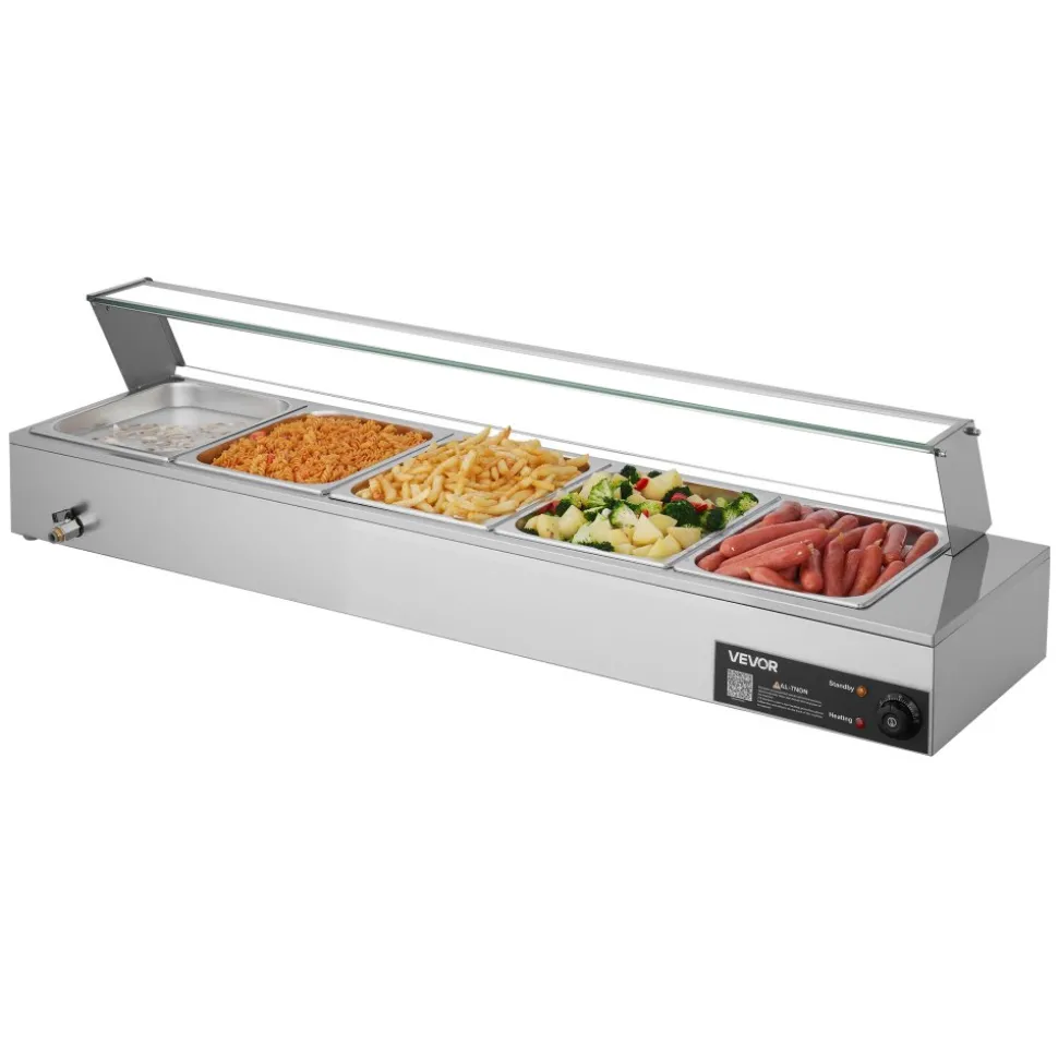 VEVOR Commercial Food Warmer, 1500W Electric Stainless Steel Steam Food Warmer with Glass Cover, Countertop Buffet Bain Marie with Five 1/2 Size Food Pans, for Catering, Restaurant, Party & Buffets