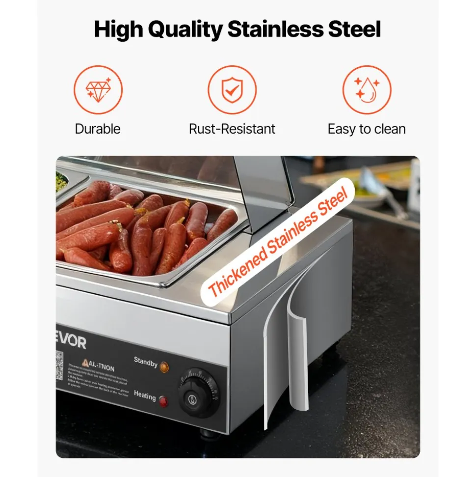 VEVOR Commercial Food Warmer, 1500W Electric Stainless Steel Steam Food Warmer with Glass Cover, Countertop Buffet Bain Marie with Five 1/2 Size Food Pans, for Catering, Restaurant, Party & Buffets