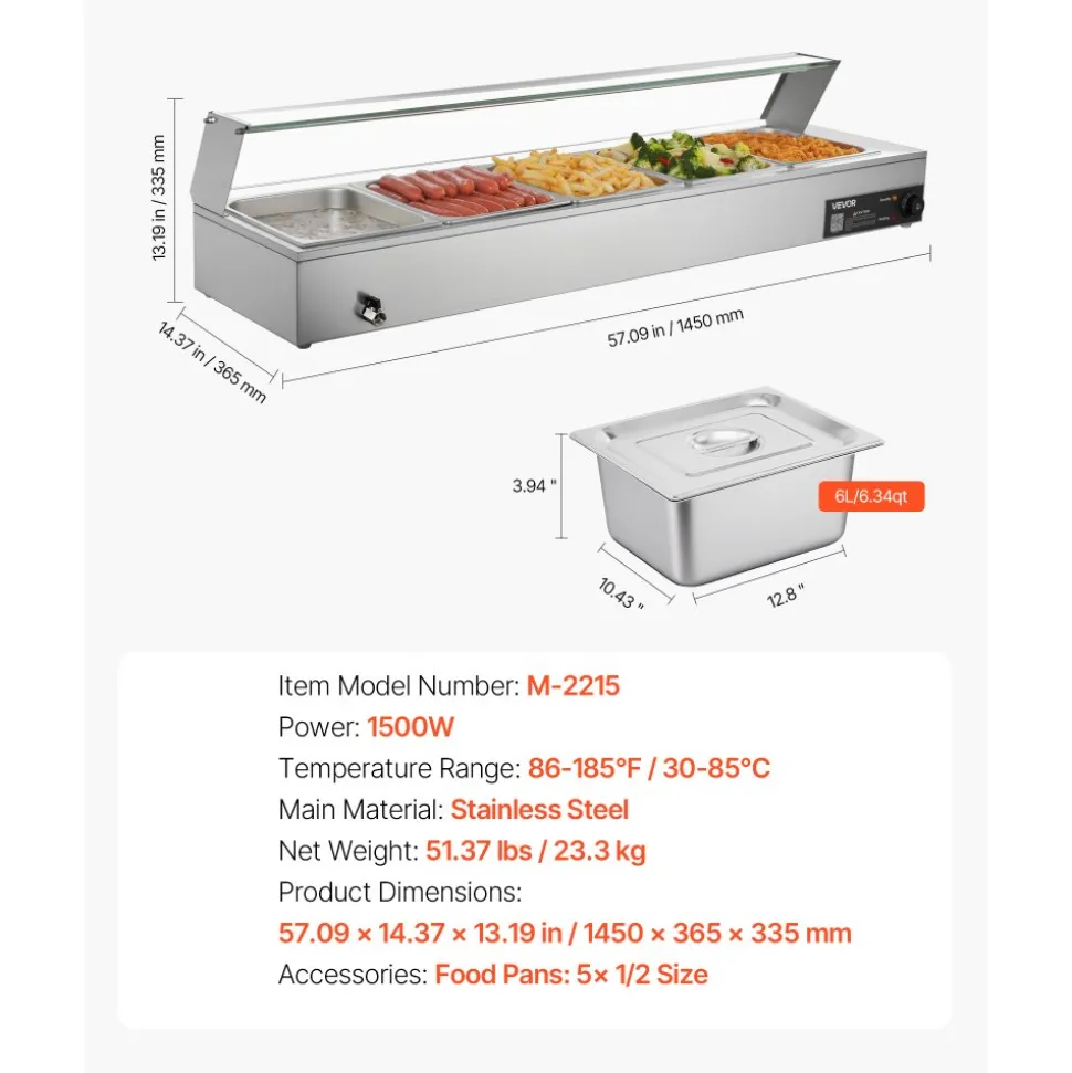 VEVOR Commercial Food Warmer, 1500W Electric Stainless Steel Steam Food Warmer with Glass Cover, Countertop Buffet Bain Marie with Five 1/2 Size Food Pans, for Catering, Restaurant, Party & Buffets