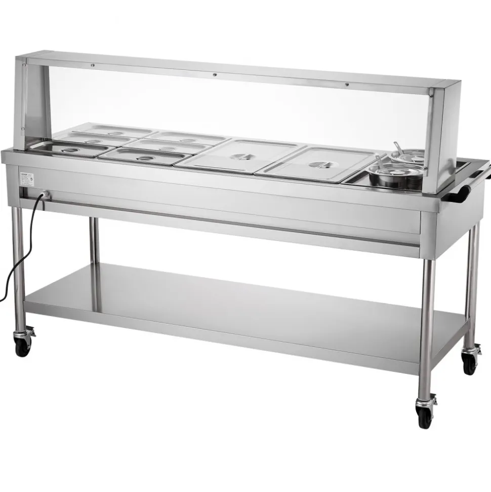 VEVOR Commercial Food Warmer, 8 Pans + 2 Pots Electric Steam Table, 1800W Professional Buffet Catering Food Warmer with Shield Undershelf Wheels, Stainless Steel Server for Party Restaurant