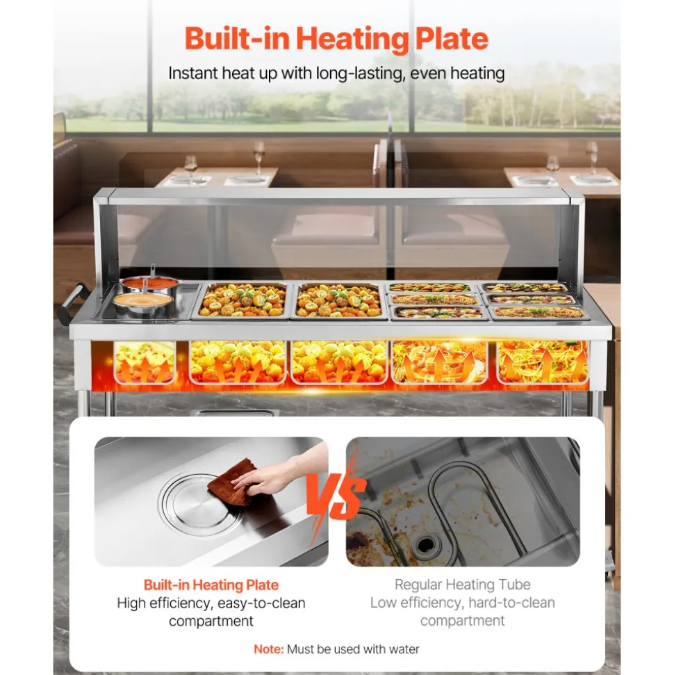 VEVOR Commercial Food Warmer, 8 Pans + 2 Pots Electric Steam Table, 1800W Professional Buffet Catering Food Warmer with Shield Undershelf Wheels, Stainless Steel Server for Party Restaurant