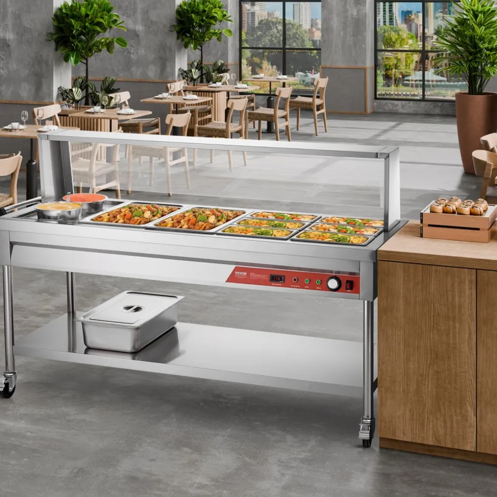 VEVOR Commercial Food Warmer, 8 Pans + 2 Pots Electric Steam Table, 1800W Professional Buffet Catering Food Warmer with Shield Undershelf Wheels, Stainless Steel Server for Party Restaurant