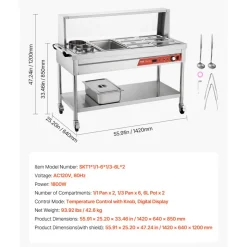 VEVOR Commercial Food Warmer, 7 Pans + 2 Pots Electric Steam Table, 1800W Professional Buffet Catering Food Warmer with Shield Undershelf Wheels, Stainless Steel Server for Party Restaurant Hotel