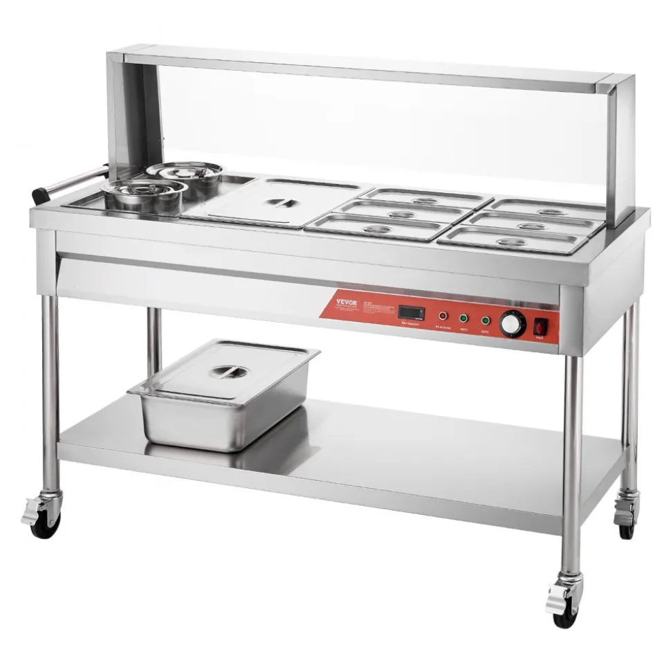 VEVOR Commercial Food Warmer, 7 Pans + 2 Pots Electric Steam Table, 1800W Professional Buffet Catering Food Warmer with Shield Undershelf Wheels, Stainless Steel Server for Party Restaurant Hotel