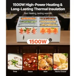 VEVOR Commercial Food Warmer, 1500W Electric Stainless Steel Steam Food Warmer with Lid, 6-Pan Fast Heating Countertop Buffet Bain Marie with Soup & Perforated Ladles, for Catering, Restaurant, Party