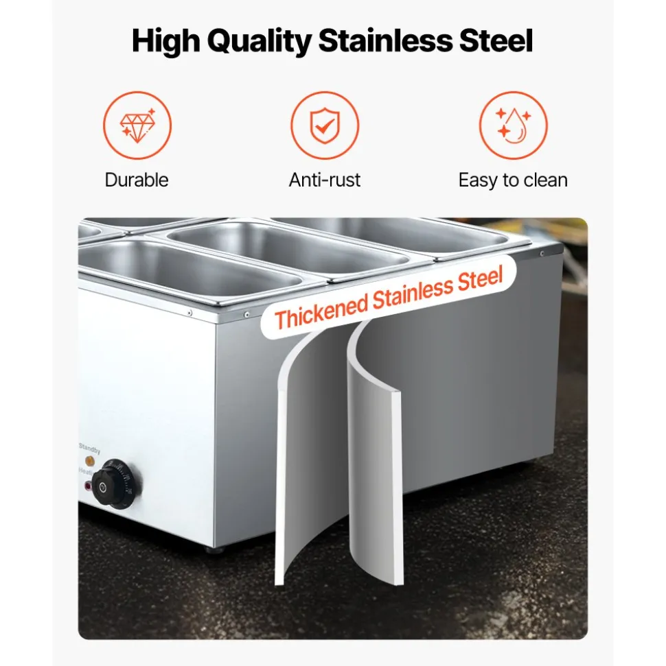 VEVOR Commercial Food Warmer, 1500W Electric Stainless Steel Steam Food Warmer with Lid, 6-Pan Fast Heating Countertop Buffet Bain Marie with Soup & Perforated Ladles, for Catering, Restaurant, Party