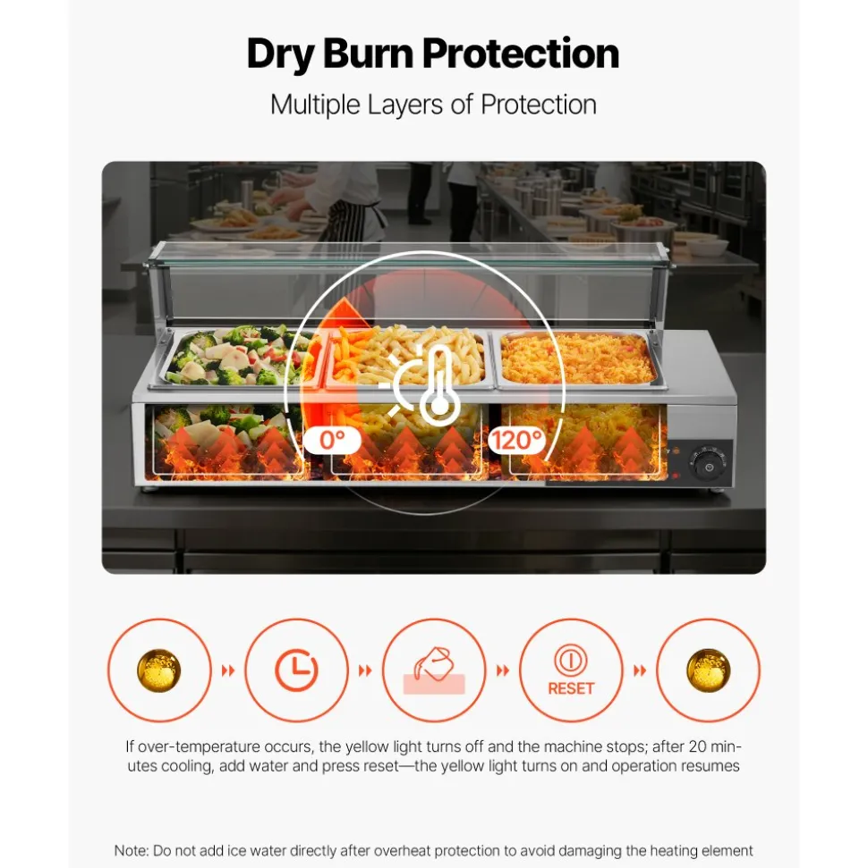 VEVOR Commercial Food Warmer, 1500W Electric Stainless Steel Steam Food Warmer with Glass Cover, Countertop Buffet Bain Marie with Three 1/2 Size Food Pans, for Catering, Restaurant, Party & Buffets