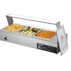 VEVOR Commercial Food Warmer, 1500W Electric Stainless Steel Steam Food Warmer with Glass Cover, Countertop Buffet Bain Marie with Three 1/2 Size Food Pans, for Catering, Restaurant, Party & Buffets