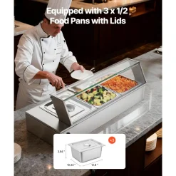 VEVOR Commercial Food Warmer, 1500W Electric Stainless Steel Steam Food Warmer with Glass Cover, Countertop Buffet Bain Marie with Three 1/2 Size Food Pans, for Catering, Restaurant, Party & Buffets