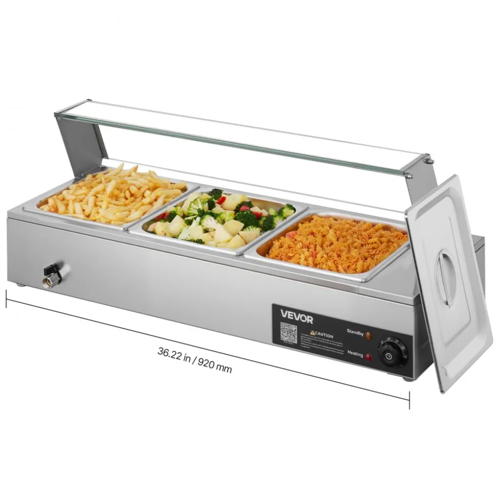VEVOR Commercial Food Warmer, 1500W Electric Stainless Steel Steam Food Warmer with Glass Cover, Countertop Buffet Bain Marie with Three 1/2 Size Food Pans, for Catering, Restaurant, Party & Buffets
