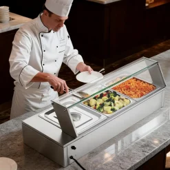 VEVOR Commercial Food Warmer, 1500W Electric Stainless Steel Steam Food Warmer with Glass Cover, Countertop Buffet Bain Marie with Three 1/2 Size Food Pans, for Catering, Restaurant, Party & Buffets