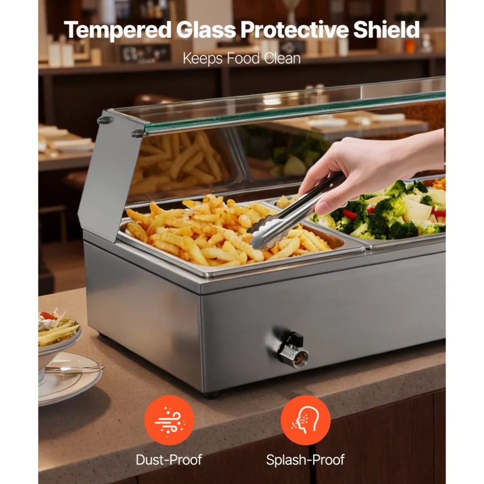 VEVOR Commercial Food Warmer, 1500W Electric Stainless Steel Steam Food Warmer with Glass Cover, Countertop Buffet Bain Marie with Three 1/2 Size Food Pans, for Catering, Restaurant, Party & Buffets