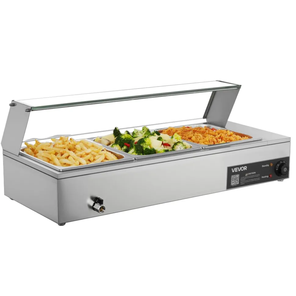VEVOR Commercial Food Warmer, 1500W Electric Stainless Steel Steam Food Warmer with Glass Cover, Countertop Buffet Bain Marie with Three 1/2 Size Food Pans, for Catering, Restaurant, Party & Buffets