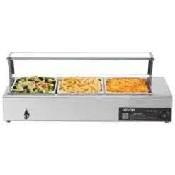 VEVOR Commercial Food Warmer, 1500W Electric Stainless Steel Steam Food Warmer with Glass Cover, Countertop Buffet Bain Marie with Three 1/2 Size Food Pans, for Catering, Restaurant, Party & Buffets